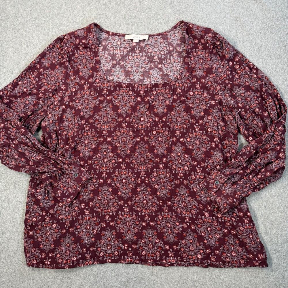LOFT Women's XL Square Neck Long Sleeve Blouse Top Maroon Floral Paisley